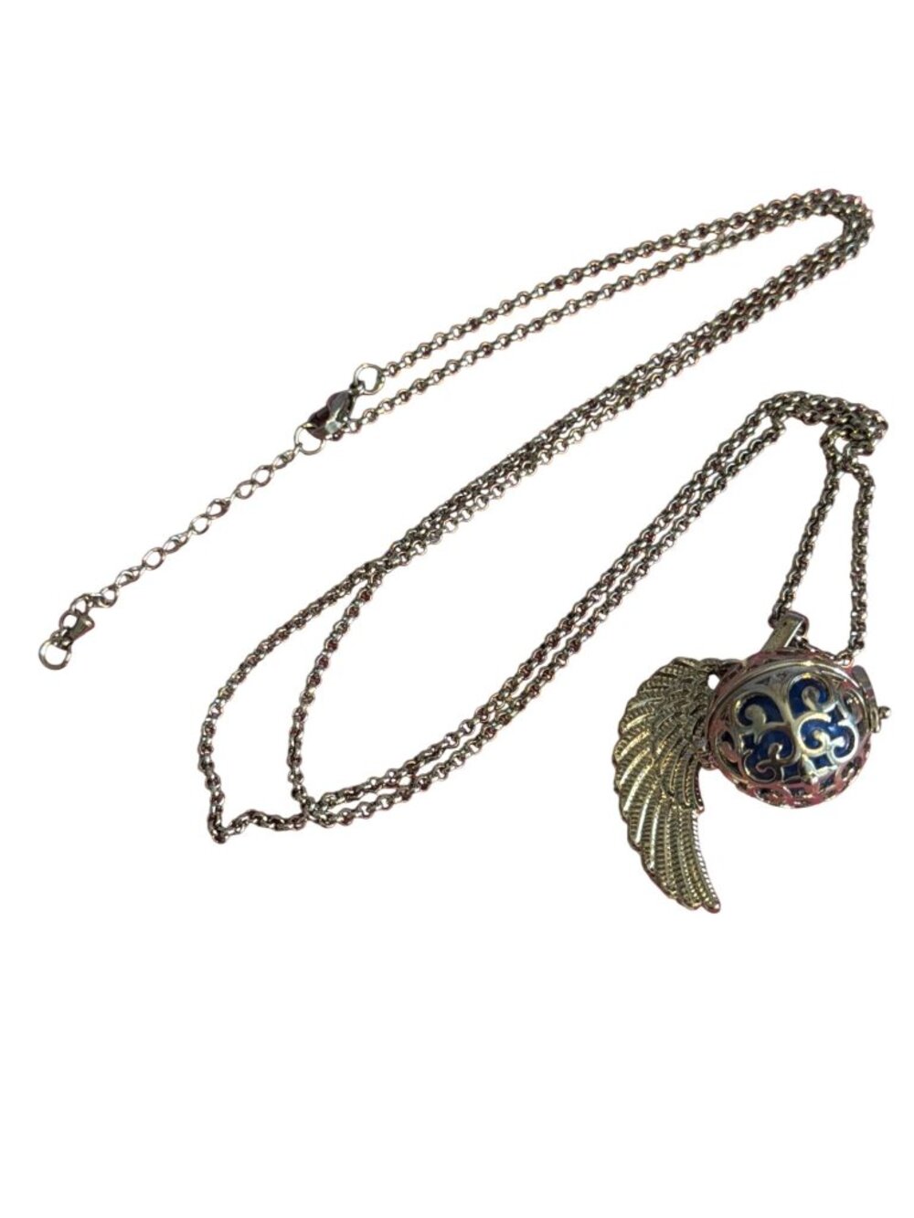 Silver Tone Long Chain Necklace Angel Wing Harmony Bell Pendant Charm Adj 34"